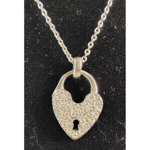 Fossil Rhinestone Heart Lock Pendant Necklace Stainless Steel Silver Tone